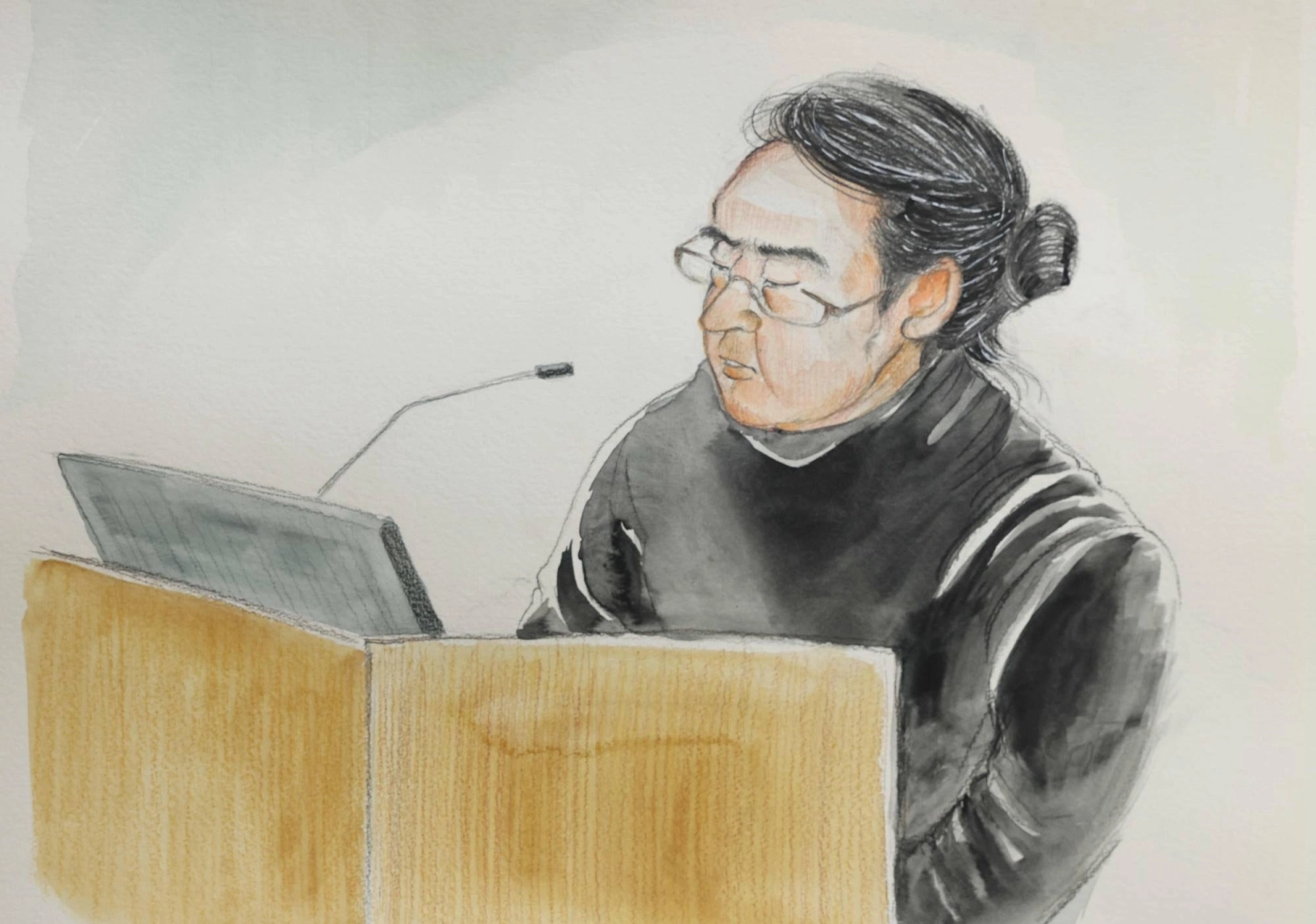 한 스케치에는 11월 20일 나라 지방법원에서 야마가미가 증언대에 서는 모습이 나온다.