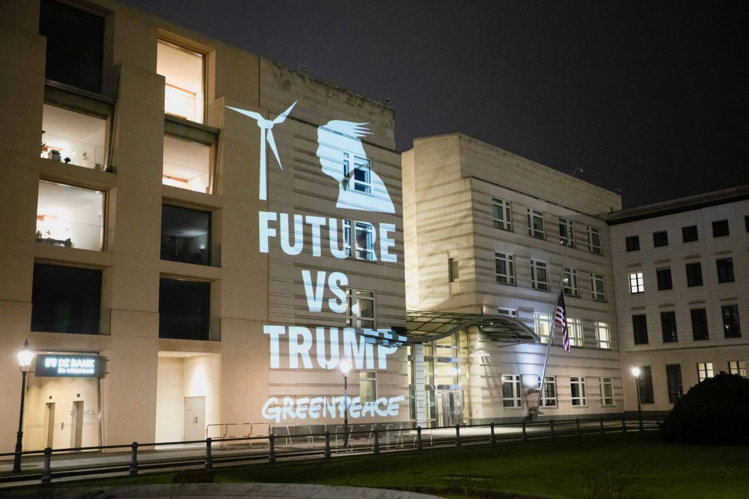 A projection set up by Greenpeace activists on the wall of the U.S. Embassy in Berlin after U.S. President Donald Trump's withdrawal from the Paris agreement, on Jan. 21. A projection set up by Greenpeace activists on the wall of the U.S. Embassy in Berlin after U.S. President Donald Trump's withdrawal from the Paris agreement, on Jan. 21.