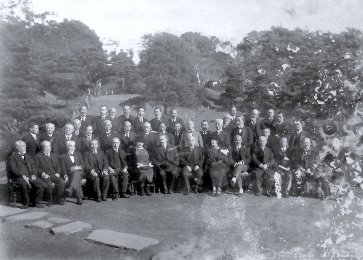 A photo taken at a commemorative dinner in Japan on Nov. 29, 1922, with Albert Einstein (front row, seventh from left) and his wife, Elsa (front row, ninth from left). A photo taken at a commemorative dinner in Japan on Nov. 29, 1922, with Albert Einstein (front row, seventh from left) and his wife, Elsa (front row, ninth from left).