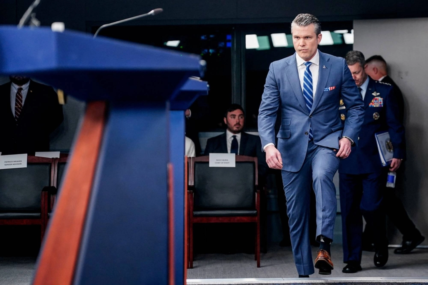 U.S. Secretary of Defense Pete Hegseth arrives at a briefing on the Iran war in Washington on Thursday. U.S. Secretary of Defense Pete Hegseth arrives at a briefing on the Iran war in Washington on Thursday.