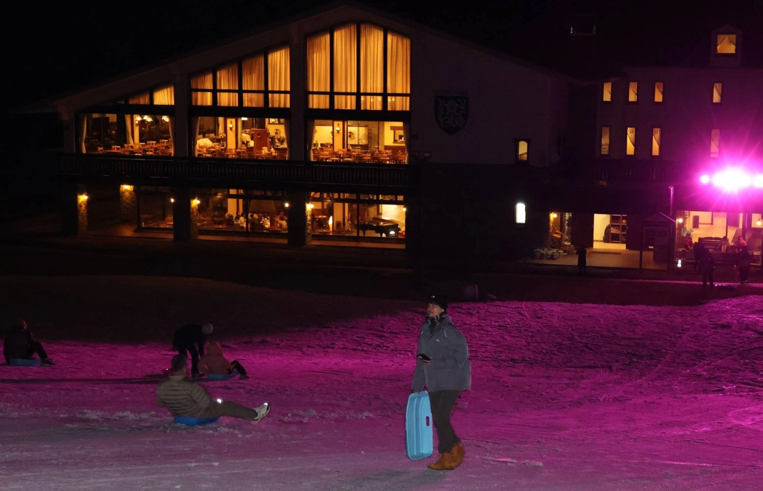 Taiwanese tourists enjoy sledding in the snow at night at Hotel Onikoube in the Naruko Onsen hot spring resort in Osaki in March. Taiwanese tourists enjoy sledding in the snow at night at Hotel Onikoube in the Naruko Onsen hot spring resort in Osaki in March.