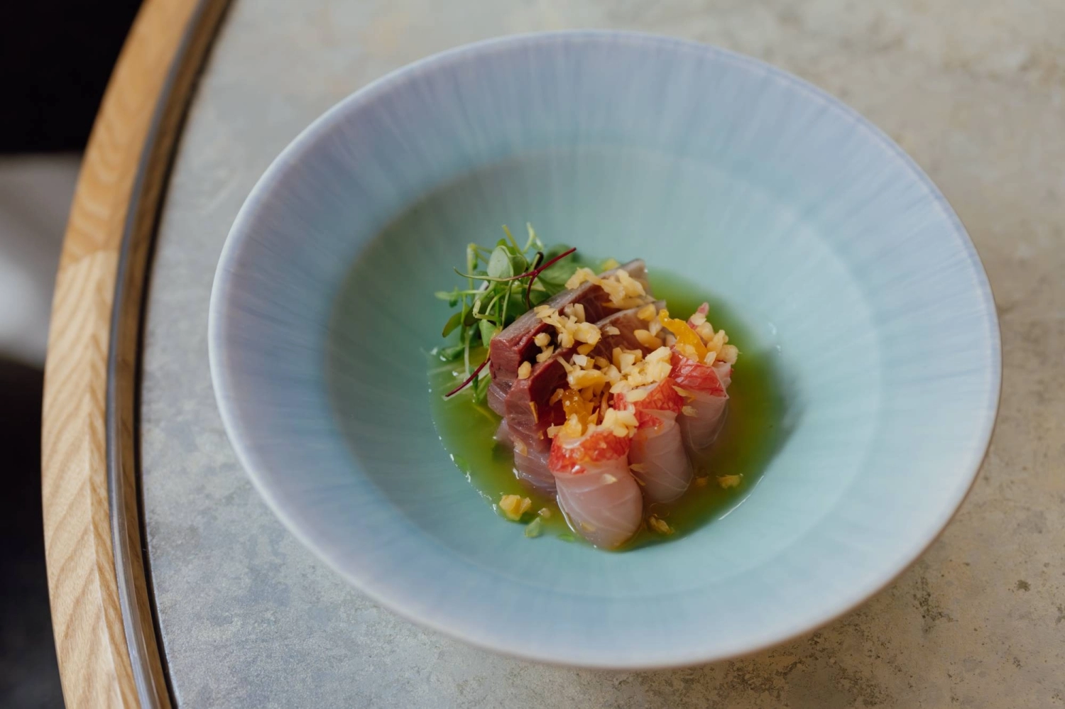 Sashimi with kohlrabi and house-made ponzu using citrus from Japan’s western Setouchi region.
Sashimi with kohlrabi and house-made ponzu using citrus from Japan’s western Setouchi region.