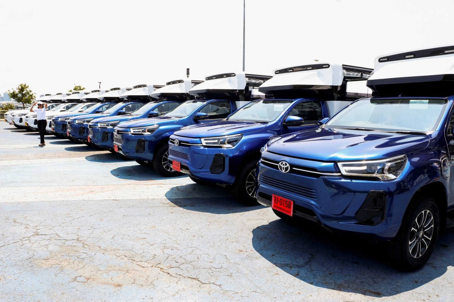 Fully electric Toyota Hilux Revo pickup trucks in Pattaya, Thailand, in April 2024 Fully electric Toyota Hilux Revo pickup trucks in Pattaya, Thailand, in April 2024