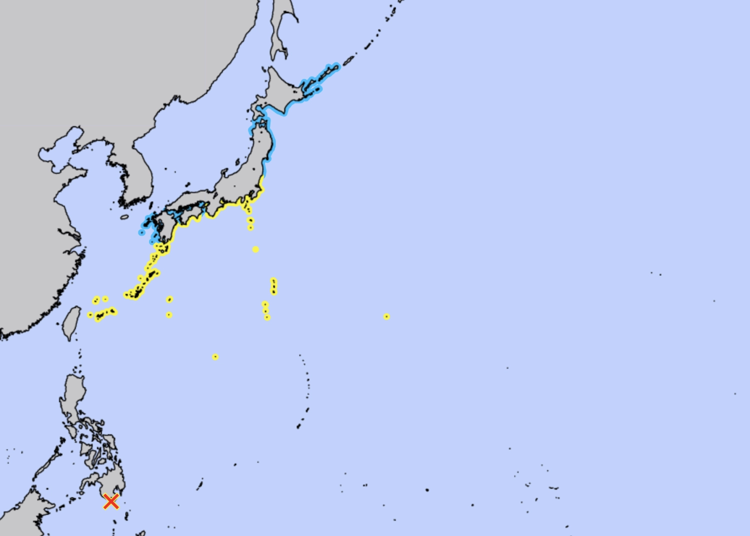 Areas in Japan that were under a tsunami advisory Monday are shown in yellow on a weather agency map. Areas in Japan that were under a tsunami advisory Monday are shown in yellow on a weather agency map.