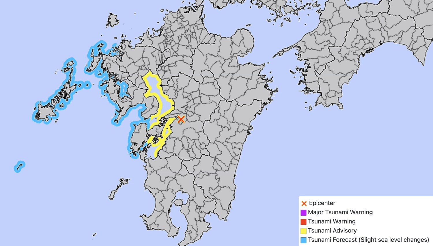 A tsunami advisory was issued for the Ariake and Yatsushiro sea areas, shown in yellow on a weather agency map. A tsunami advisory was issued for the Ariake and Yatsushiro sea areas, shown in yellow on a weather agency map.