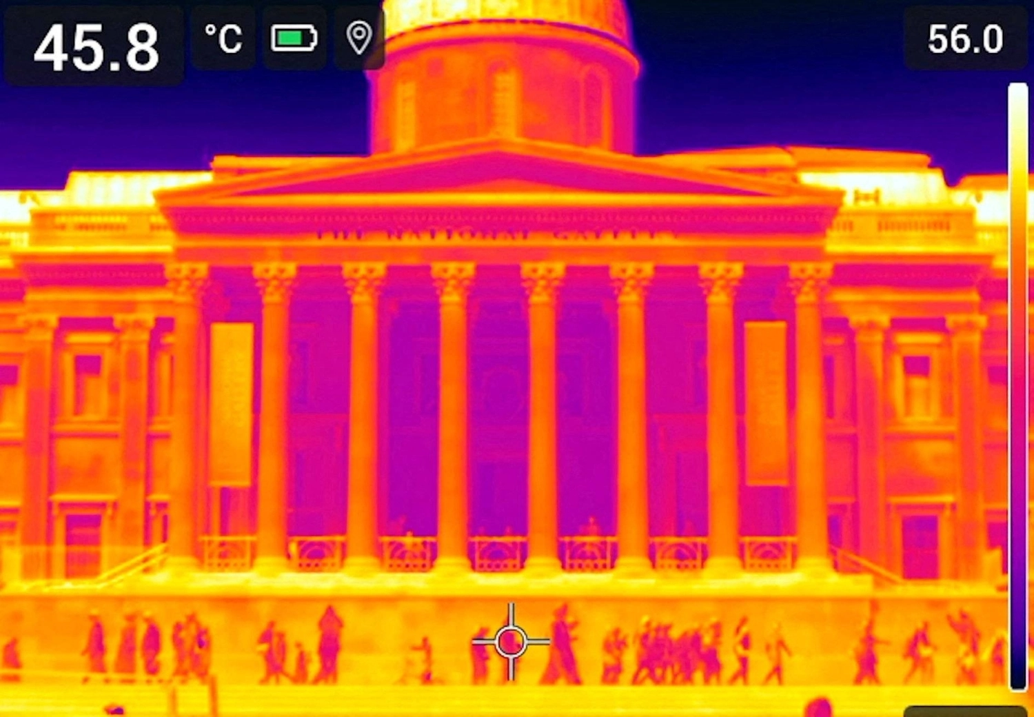 A thermal imaging camera measures surface temperatures at the National Gallery during a heat wave in central London on Aug.13. A thermal imaging camera measures surface temperatures at the National Gallery during a heat wave in central London on Aug.13.