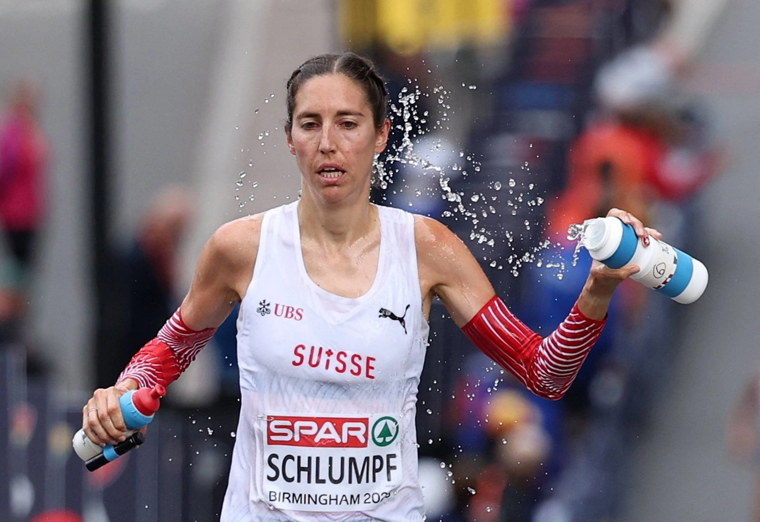 Swiss long-distance runner Fabienne Schlumpf in action during European Championship marathon in Birmingham, Britain, on Sunday. Swiss long-distance runner Fabienne Schlumpf in action during European Championship marathon in Birmingham, Britain, on Sunday.