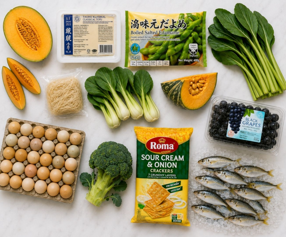 RM100 grocery challenge: What a basic basket gets a Malaysian family in 2026 A practical RM100 grocery basket comprises fresh produce, fruit, protein, frozen foods and pantry staples. — Illustration by Soo Wern Jun