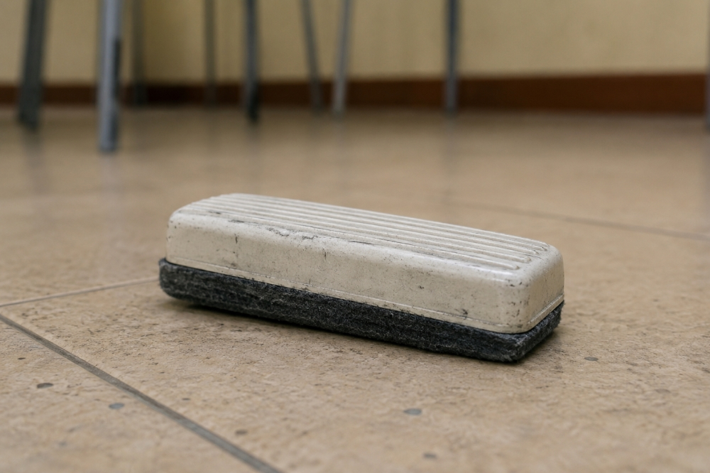 Johor teacher accused of bruising seven-year-old pupil with thrown whiteboard eraser claims trial A teacher has been charged with allegedly injuring a seven-year-old pupil after throwing a whiteboard eraser during class. The eraser pictured is an AI-generated illustration and is not connected to the case.