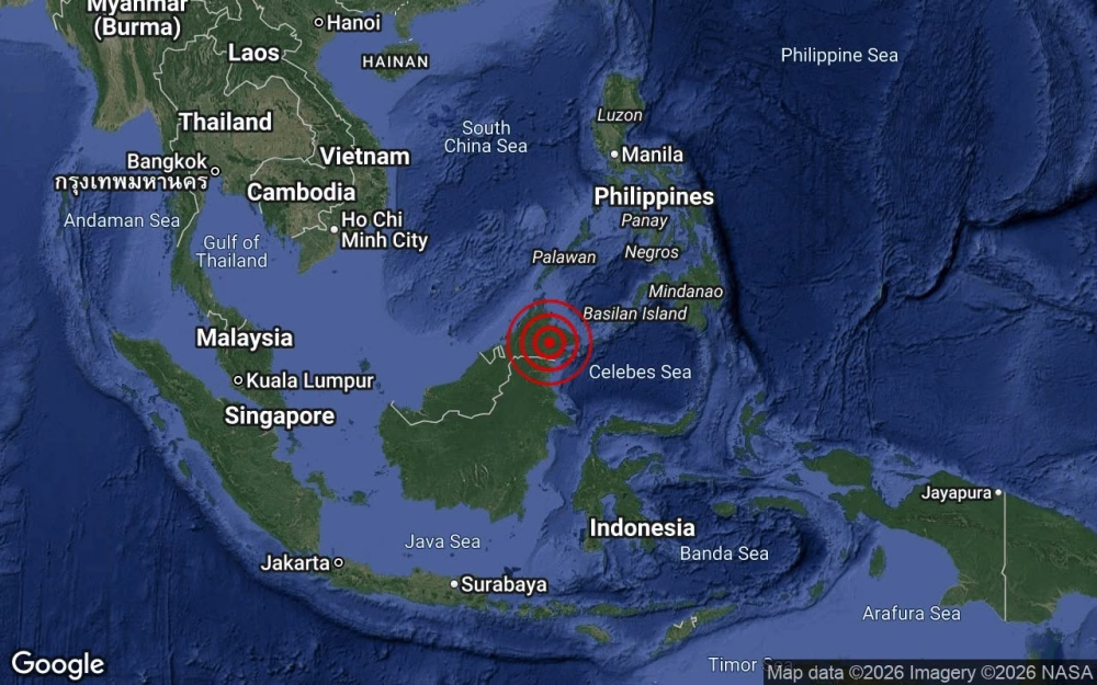 Sabah gets a midnight shake as weak quake strikes Kuamat, tremors felt in Lahad Datu The epicentre of the 3.6-magnitude quake that struck Kuamat in Kinabatangan, Sabah near midnight on July 17, 2026. — Map data image from Nasa via Daily Express