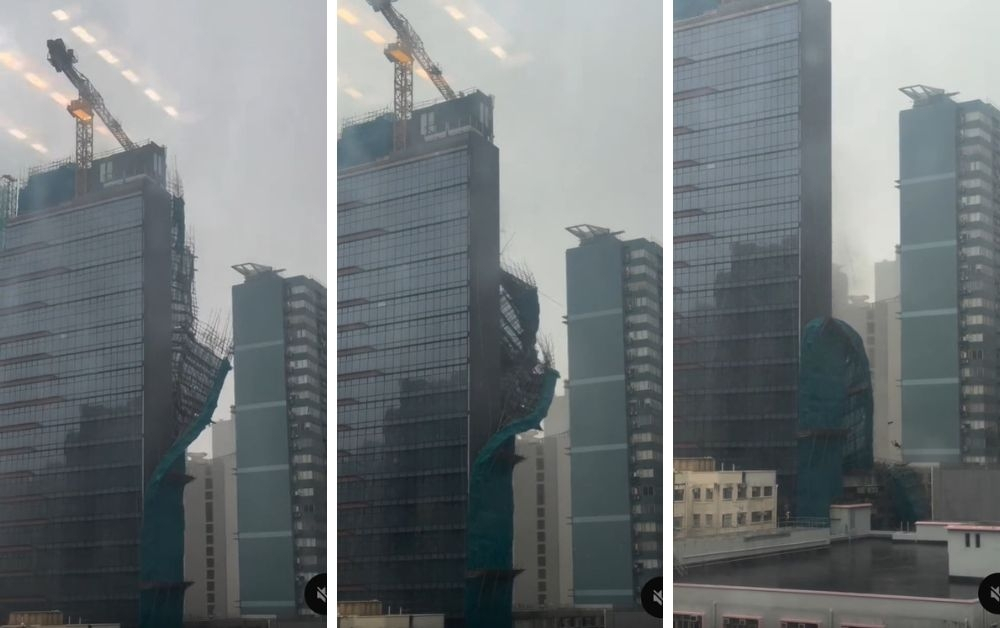 High-rise scaffolding collapses and hundreds of flights are cancelled as Typhoon Noul nears Hong Kong (VIDEO) Scaffolding on a high rise building gave way and crashed onto a neighbouring structure today as Typhoon Noul approached Hong Kong. — Video screencaps via Threads/fish_.csy