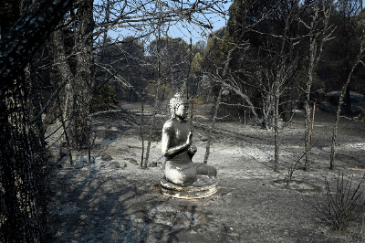 Returning home after the wildfires, one Spanish village confronts what remains A burnt-out statue sits on a scorched garden following a wildfire in Pelayos de la Presa, 65km south-west of Madrid, on July 28, 2026. — AFP pic