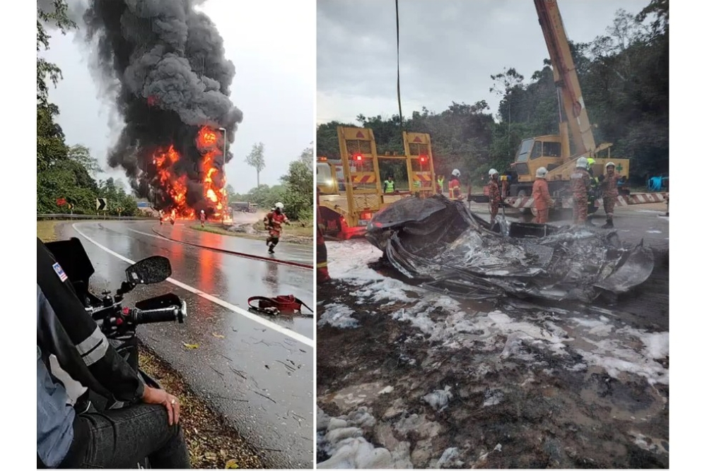 A fuel tanker carrying 32,000 litres of diesel and petrol and a car burst into flames after colliding at KM9 Jalan Temerloh-Triang, with two car occupants feared burnt. — Pictures via Facebook/Ramesh Kasi