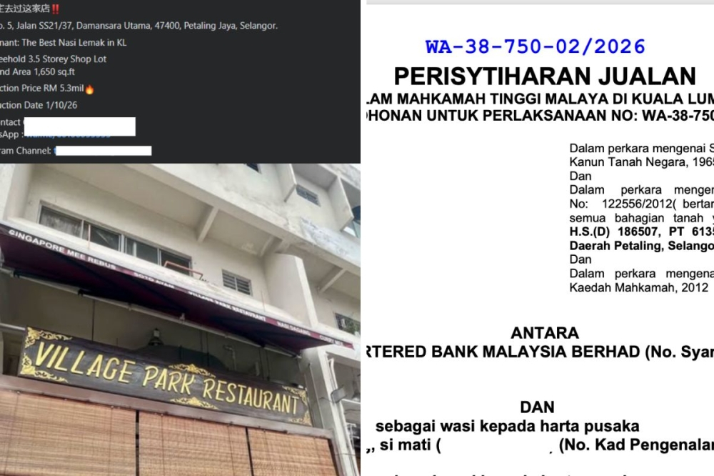Shoplot housing Village Park restaurant in Uptown Damansara set for RM5.3m auction Seen in this picture is a composite of the advertisement and auction notice announcing the auction of the building where Village Park Nasi Lemak operates. — Picture composite