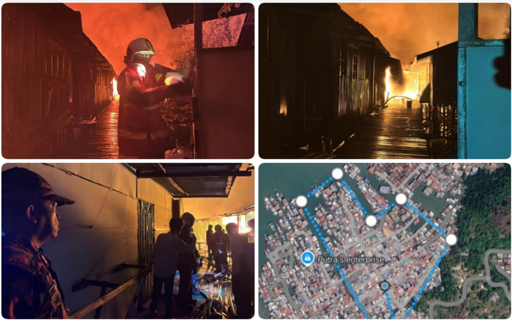 Early morning fire in Kota Kinabalu squatter area, 39 personnel deployed to contain blaze A fire broke out at stilt houses in a squatter area in Kampung Numbak here early this morning, with the number of houses involved yet to be confirmed as firefighters continue to battle the blaze. — Bernama pic/Sabah JBPM
