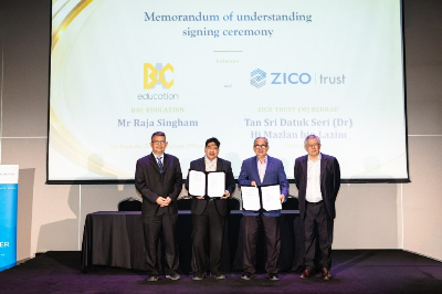 BAC Education Group and ZICO Trust Malaysia expand tertiary education access in scholarship MOU BAC Education Group co-founder and chief future officer Raja Singham (centre left) and ZICO Trust (M) Berhad Tan Sri Datuk Seri Dr Mazlan Lazim (centre right) sign a memorandum of understanding in Petaling Jaya witnessed by Veritas University College chief executive Prof Dr Amer Hamzah Jantan (left) and ZICO Trust executive director Chew Seng Kok (right), to provide scholarships for 10 students from B40 households pursuing tertiary education. — Picture courtesy of BAC Education Group