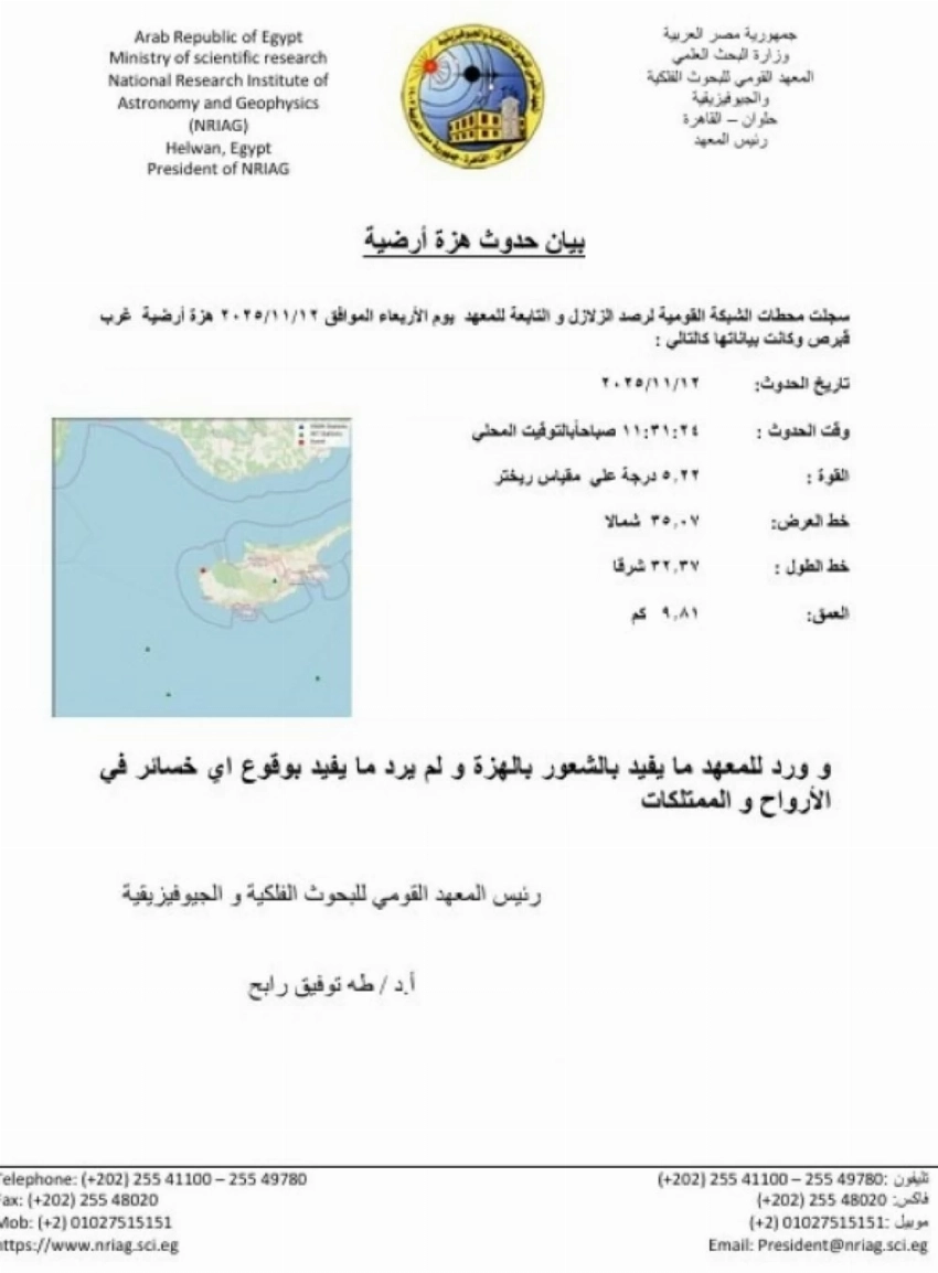 رعب في المتوسط.. زلزال بقوة 5.2 درجة يهز قبرص ويصل إلى شواطئ مطروح!