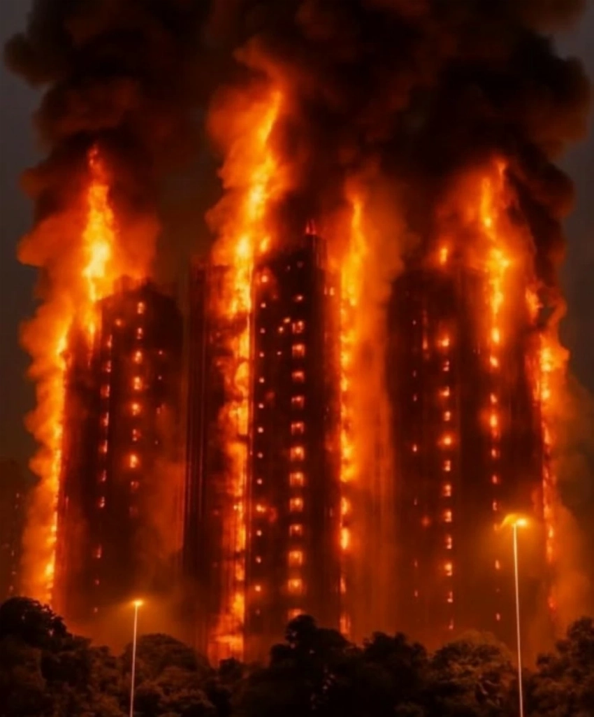 النيران مشتعلة في المجمع.