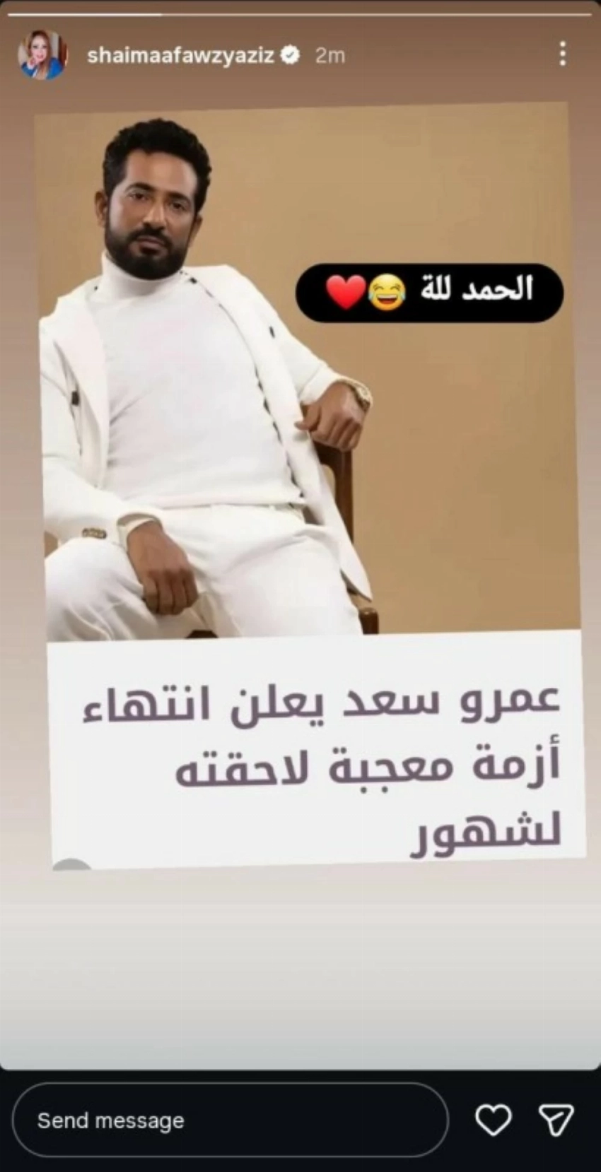 زوجة الفنان عمرو سعد تعلق بسخرية على انتهاء أزمة معجبة تلاحقه عدة أشهر.