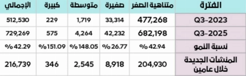 نسبة نمو المنشآت مقارنة بأحجامها وعدد المنشآت الجديدة خلال عامين