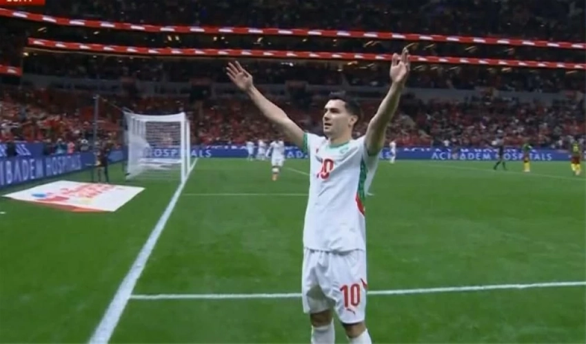 Ibrahim Diaz celebrating his goal against Cameroon.